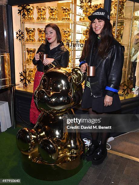 Tracy Sedino and Mawi Keivom attend the Mount Street Christmas Lights switch on hosted by Linda Farrow featuring the launch of Julian The Bear, the...