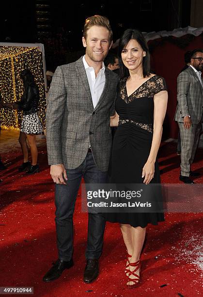 Actress Perrey Reeves and husband Aaron Endress-Fox attend the premiere of "The Night Before" at The Theatre At The Ace Hotel on November 18, 2015 in...