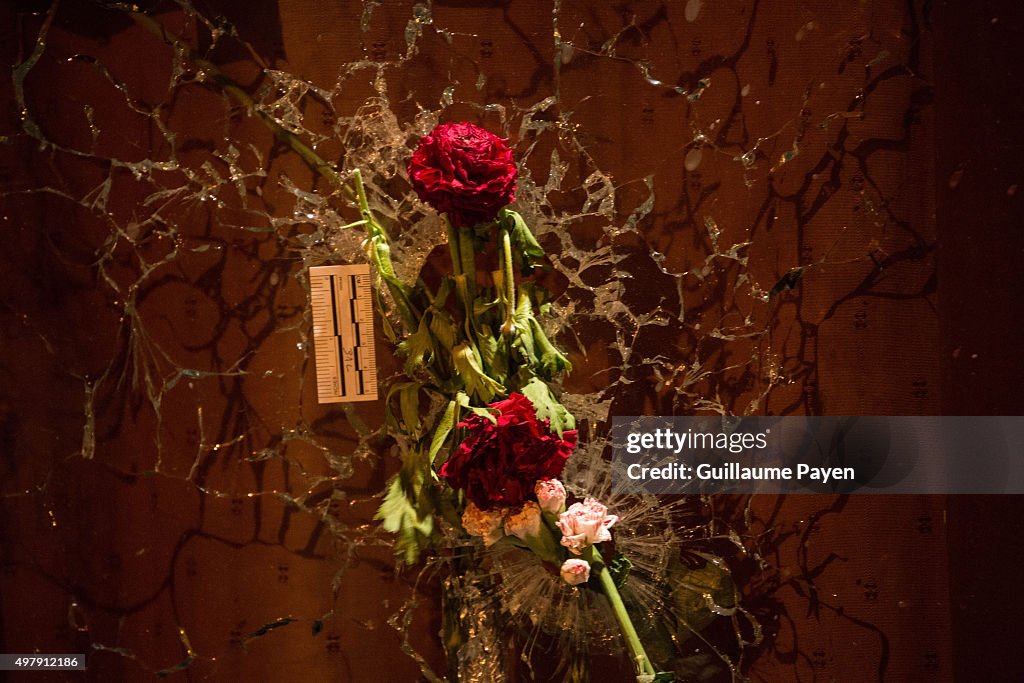 Flowers, inside bullet hole through the glass of the "Le...