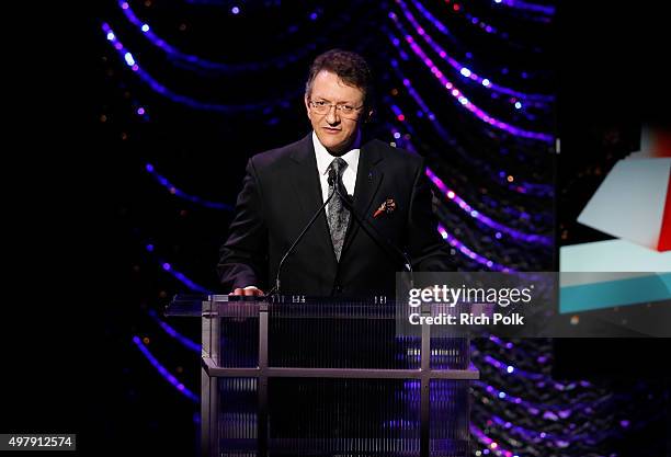 Latin Recording Academy President/CEO Gabriel Abaroa Jr. Speaks onstage during the 16th Latin GRAMMY Awards premiere ceremony at the MGM Grand Hotel...