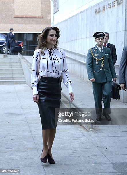 Queen Rania of Jordan visits the Prado Media Lab Center on November 19, 2015 in Madrid, Spain