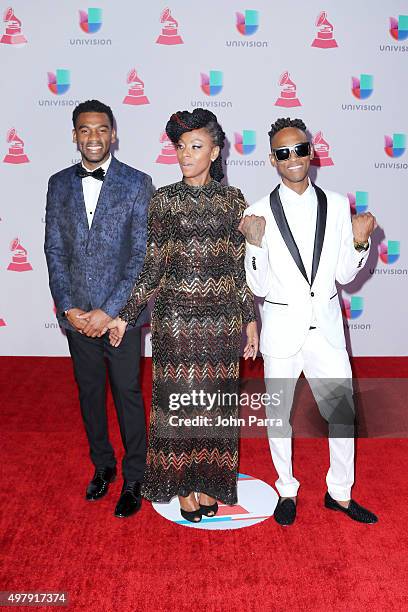Musicians Carlos "Tostao" Valencia, Gloria "Goyo" Martinez and Miguel "Slow" Martinez of ChocQuibTown attend the 16th Latin GRAMMY Awards at the MGM...