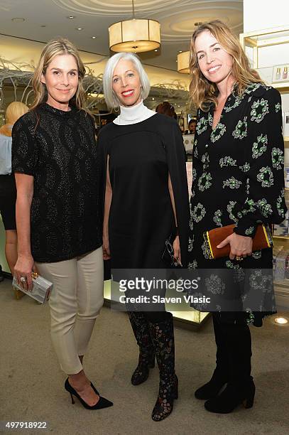 Aerin Lauder, Bergdorf Goodman's Linda Fargo and designer Brett Heyman of Edie Parker attend AERIN Beauty x Edie Parker Collaboration Launch at...