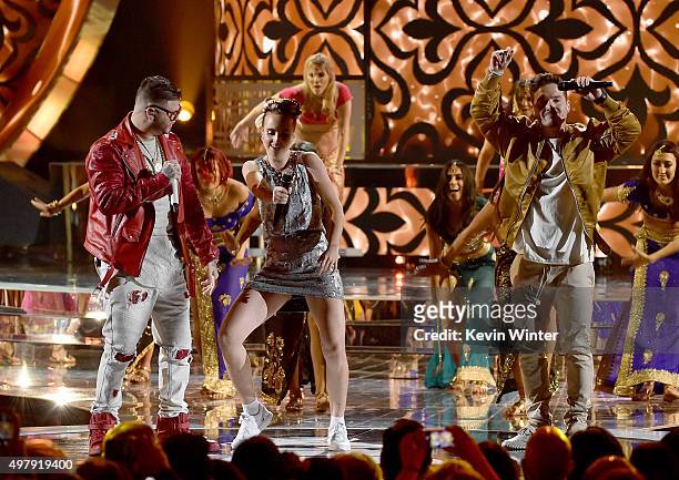 Recording artists Farruko, MO and J Balvin perform onstage during the 16th Latin GRAMMY Awards at the MGM Grand Garden Arena on November 19, 2015 in...