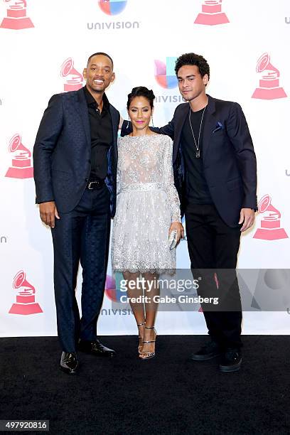 Recording artist/actor Will Smith, Jada Pinkett Smith and Willard Christopher Smith III pose in the press room during the 16th Latin GRAMMY Awards at...
