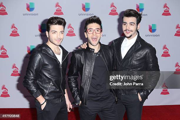 Singers Gianluca Ginoble, Piero Barone and Ignazio Boschetto of Il Volo attend the 16th Latin GRAMMY Awards at the MGM Grand Garden Arena on November...