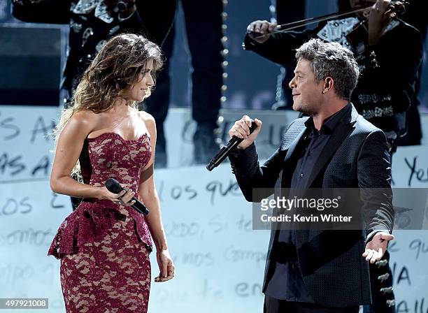 Singers Paula Fernandes and Alejandro Sanz perform onstage during the 16th Latin GRAMMY Awards at the MGM Grand Garden Arena on November 19, 2015 in...