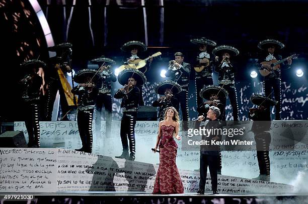 Top row: Mariachi Sol De Mexico and Bottom row: singers Paula Fernandes and Alejandro Sanz perform onstage during the 16th Latin GRAMMY Awards at the...