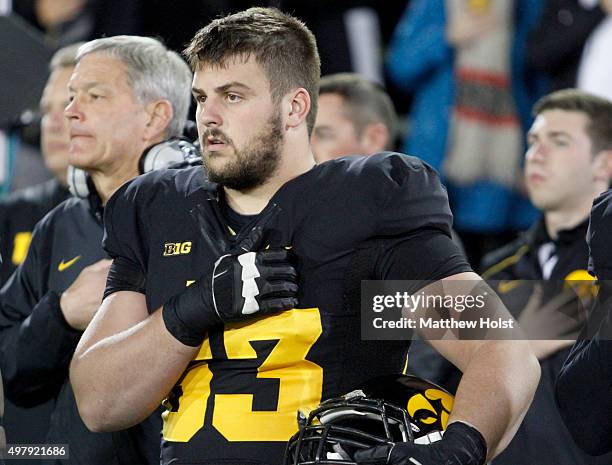 Offensive lineman Austin Blythe of the Iowa Hawkeyes stands before the match-up against the Minnesota Gophers on November 14, 2015 at Kinnick...