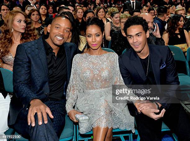 Actor/recording artist Will Smith, actress Jada Pinkett Smith and Trey Smith attend the 16th Latin GRAMMY Awards at the MGM Grand Garden Arena on...