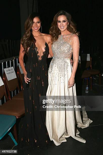 Co-hosts Roselyn Sanchez and Jacqueline Bracamontes pose backstage during the 16th Latin GRAMMY Awards at the MGM Grand Garden Arena on November 19,...