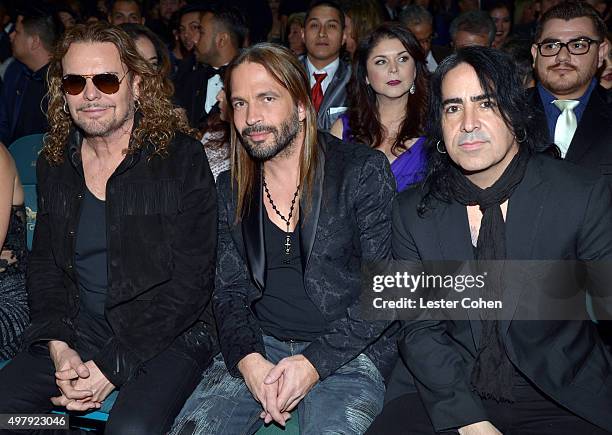 Musicians Fher Olvera, Sergio Vallin and Alex Gonzalez of Mana attend the 16th Latin GRAMMY Awards at the MGM Grand Garden Arena on November 19, 2015...