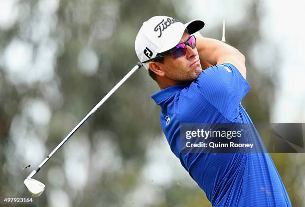 Adam Scott of Australia tees off during day two of the 2015 Australian Masters at Huntingdale Golf Club on November 20, 2015 in Melbourne, Australia.