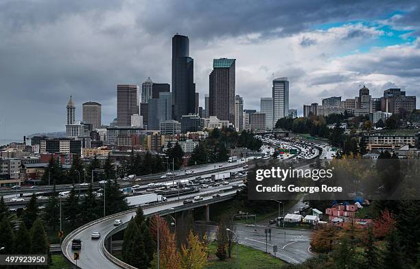 The downtown skyline is shrouded in rain and clouds on November 3 in Seattle, Washington. Seattle, located in King County, is the largest city in the...