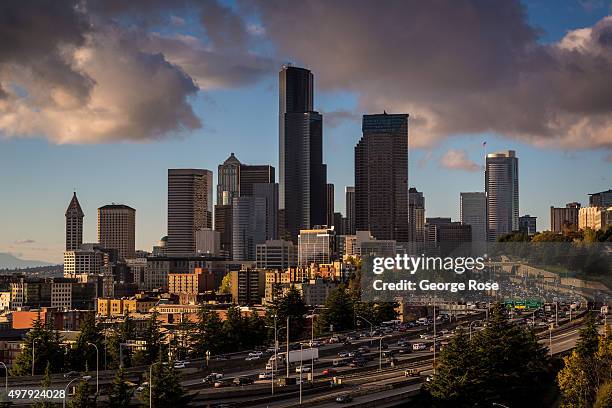 The downtown skyline is viewed at sunset on November 3 in Seattle, Washington. Seattle, located in King County, is the largest city in the Pacific...