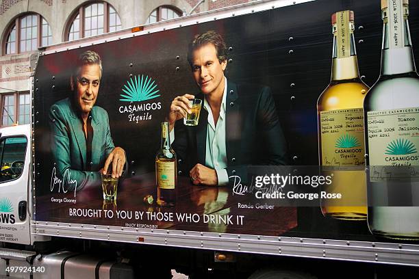 The side of a delivery truck features a billboard promoting George Clooney and Rande Gerber's new Casamigos Tequila on November 5 in Seattle,...