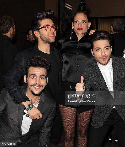 Singers Ignazio Boschetto, Piero Barone of Il Volo, Natalia Jimenez and Gianluca Ginoble of Il Volo attend the 16th Latin GRAMMY Awards at the MGM...