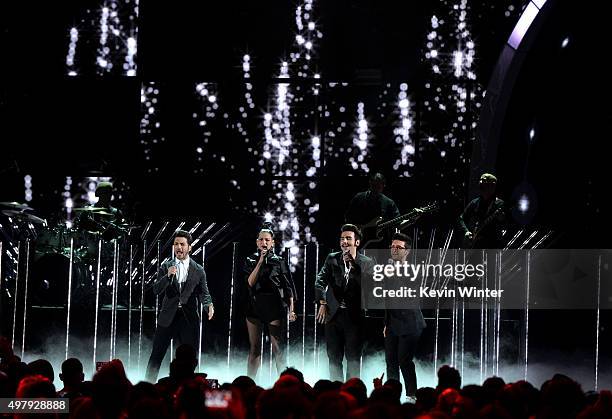 Singers Gianluca Ginoble of Il Volo, Natalia Jimenez, Ignazio Boschetto and Piero Barone of Il Volo perform perform onstage during the 16th Latin...