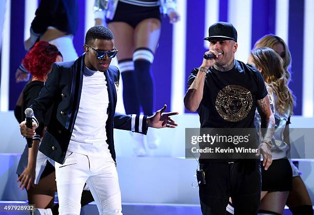 Recording artists OMI and Nicky Jam perform onstage during the 16th Latin GRAMMY Awards at the MGM Grand Garden Arena on November 19, 2015 in Las...