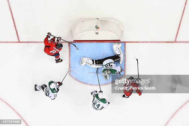 Alex Ovechkin of the Washington Capitals scores a third period goal on goalie Kari Lehtonen of the Dallas Stars at Verizon Center on November 19,...