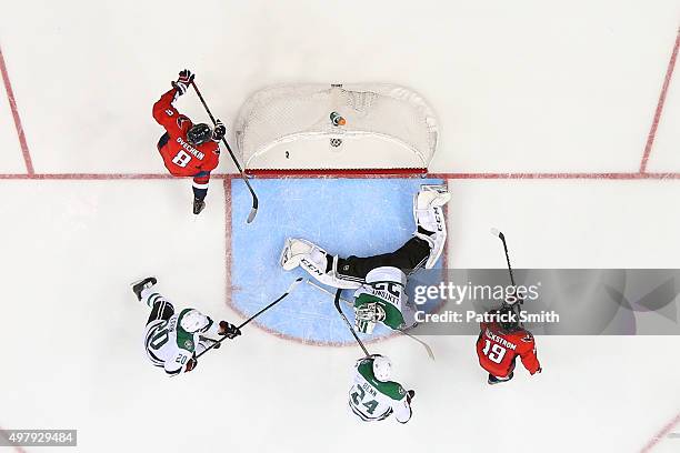 Alex Ovechkin of the Washington Capitals scores a third period goal on goalie Kari Lehtonen of the Dallas Stars at Verizon Center on November 19,...