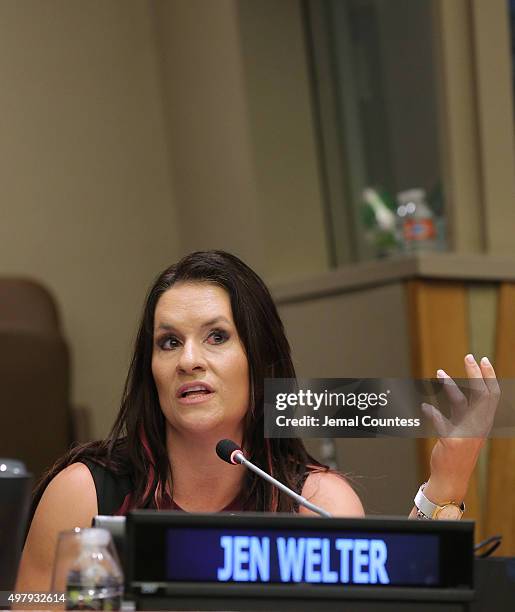 Coach Jen Welter speaks on the "He for She: Teaching Men to Invest in Woman-Owned Businesses" panal during Women's Entrepreneurship Day at the United...