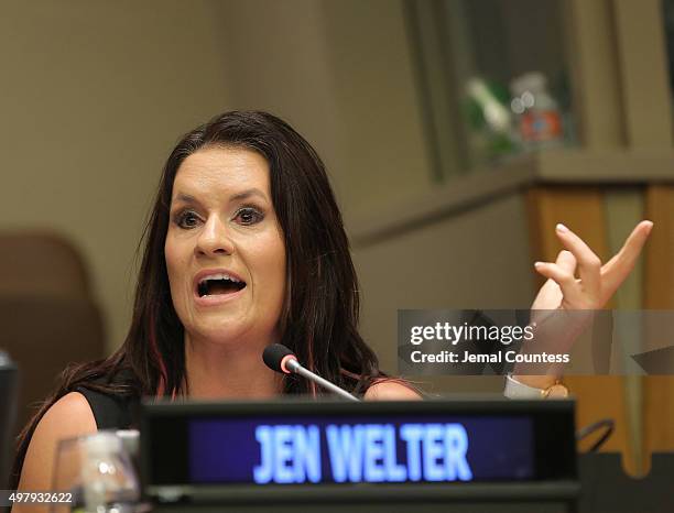 Coach Jen Welter speaks on the "He for She: Teaching Men to Invest in Woman-Owned Businesses" panal during Women's Entrepreneurship Day at the United...