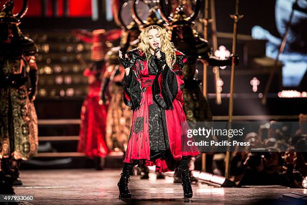 American singer-songwriter Madonna performed live on stage at Pala Alpitour in Turin, Italy for the first of the three Italian shows of the Rebel...