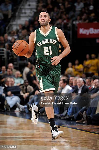 Greivis Vasquez of the Milwaukee Bucks handles the ball during the game against the Cleveland Cavaliers on November 19, 2015 at Quicken Loans Arena...