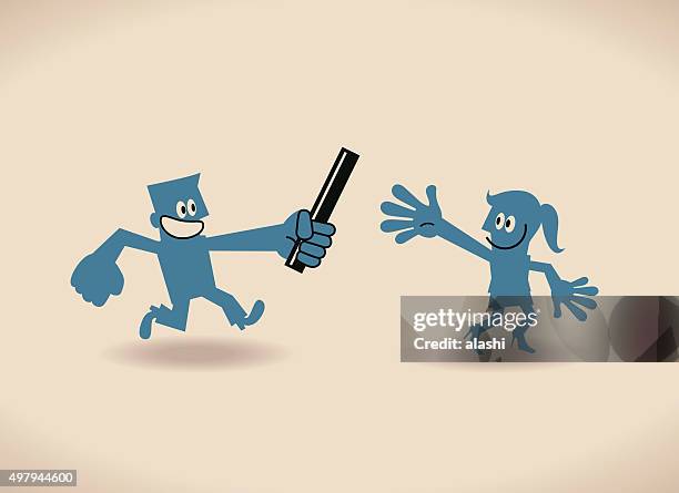 businessman passing the baton to businesswoman in a relay race - passing giving stock illustrations