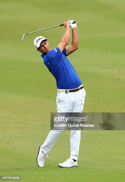 Adam Scott of Australia plays an approach shot during day two of the 2015 Australian Masters at Huntingdale Golf Club on November 20, 2015 in...