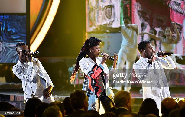 Musicians Miguel "Slow" Martinez, Gloria "Goyo" Martinez and Carlos "Tostao" Valencia of ChocQuibTown perform onstage during the 16th Latin GRAMMY...