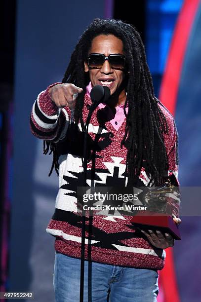 Recording artist Tego Calderon accepts the Best Urban Music Album award for "El Que Sabe, Sabe" onstage during the 16th Latin GRAMMY Awards at the...