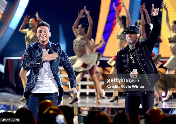Recording artists Silvestre Dangond and Nicky Jam perform onstage during the 16th Latin GRAMMY Awards at the MGM Grand Garden Arena on November 19,...