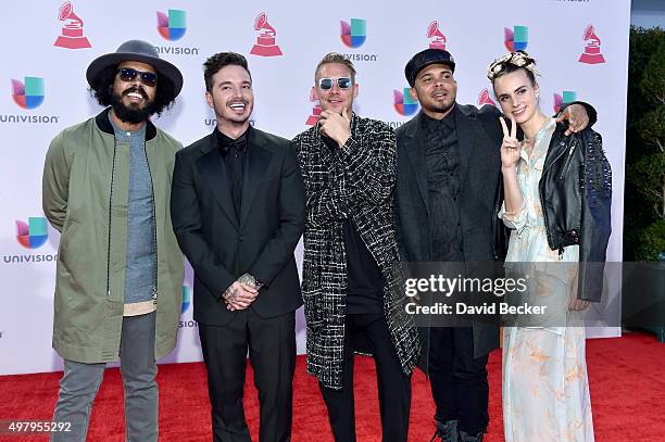 Jillionaire, singer J Balvin, producer Diplo, DJ Walshy Fire and MO attend the 16th Latin GRAMMY Awards at the MGM Grand Garden Arena on November 19,...