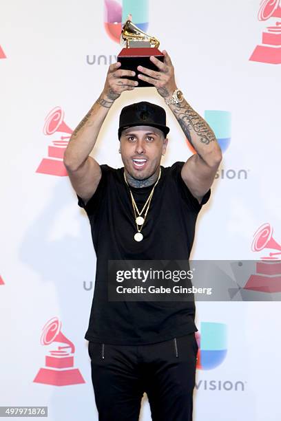 Recording artist Nicky Jam, winner of Best Urban Performance, poses in the press room during the 16th Latin GRAMMY Awards at the MGM Grand Garden...