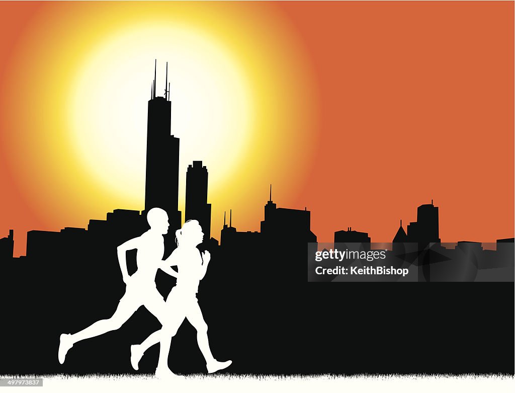 Interracial Couple Jogging in Chicago - Fitness Graphic Background