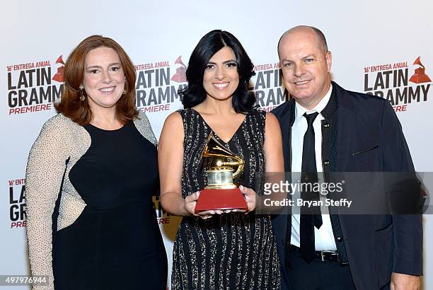 Latin Recording Academy Chair of the Board of Trustees Laura Tesoriero and Latin Recording Academy Vice Chair Marcelo Castello Branco pose in the...