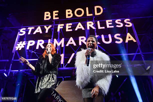 Caroline Hjelt and Aino Jawo, singers of Icona Pop perform at The Keke Palmer & Refinery29 Host Club Primania Event at Skybox Event Center on...