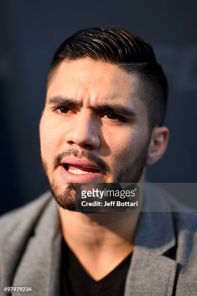 Horacio Gutierrez of Mexico interacts with the media during the UFC Fight Night Ultimate Media Day at the Sala Mitsubishi-Parque Fundidora on...