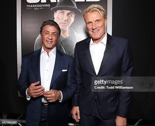 Sylvester Stallone and Dolph Lundgren attend the premiere of Warner Bros. Pictures' "Creed" at Regency Village Theatre on November 19, 2015 in...
