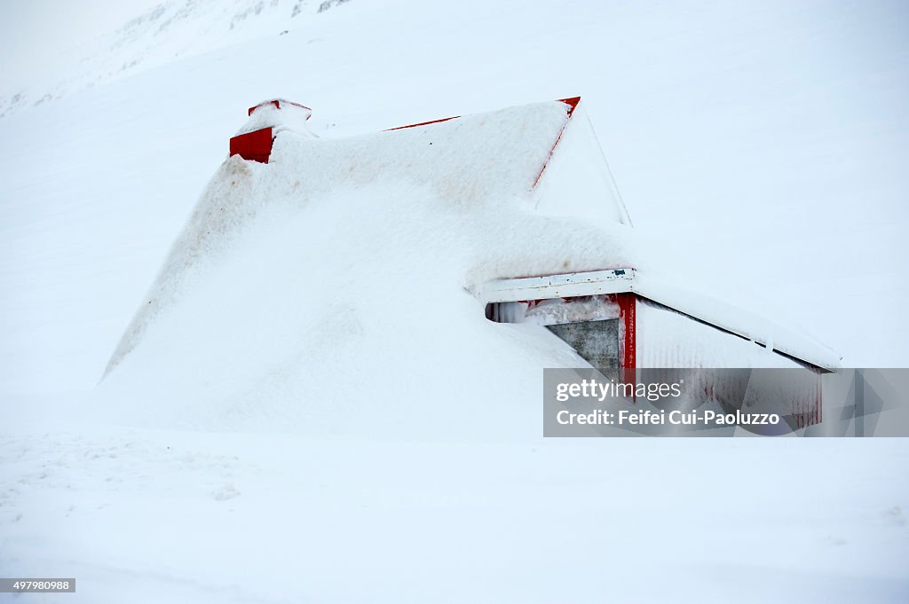 Snow buried Sefansbud house at Egilsstadir Iceland