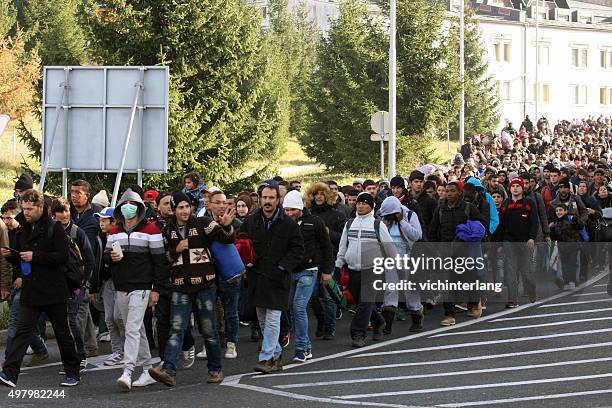 refugees at slovenia - austria border, november 19, 2015 - slovenia austria stock pictures, royalty-free photos & images