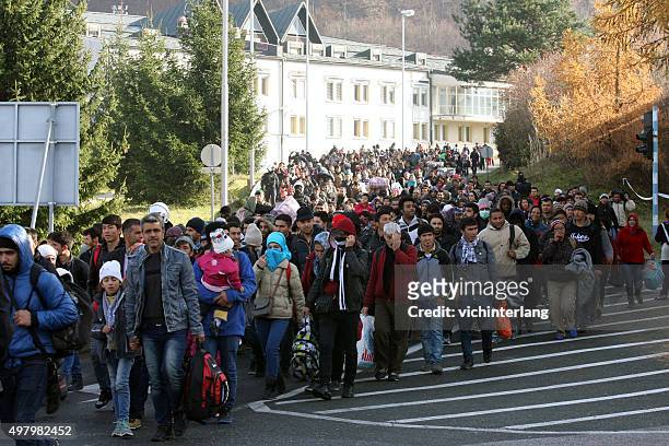 profughi al confine con la slovenia-austria, 19 novembre 2015 - emigration and immigration foto e immagini stock