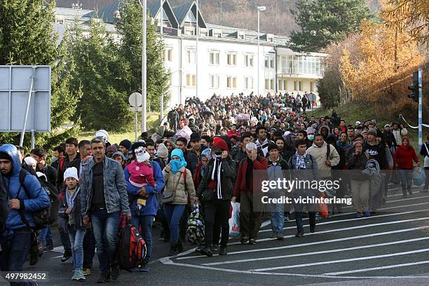 refugees at slovenia - austria border, november 19, 2015 - oostenrijk stockfoto's en -beelden