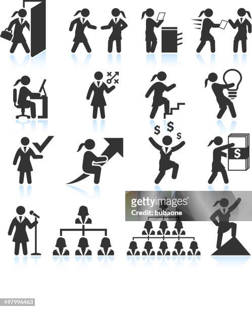 corporate businesswoman black & white royalty-free vector interface icon set - female rising stock illustrations