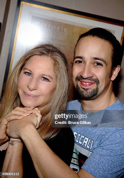Barbra Streisand and Lin-Manuel Miranda pose backstage at the hit musical "Hamilton" on Broadway at The Richard Rogers Theater on November 19, 2015...