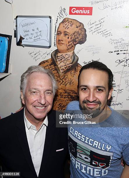 Alan Rickman and Lin-Manuel Miranda pose backstage at the hit musical "Hamilton" on Broadway at The Richard Rogers Theater on November 19, 2015 in...