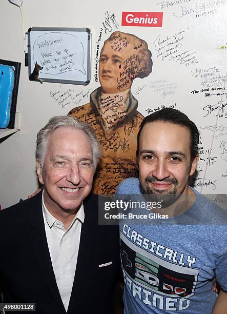 Alan Rickman and Lin-Manuel Miranda pose backstage at the hit musical "Hamilton" on Broadway at The Richard Rogers Theater on November 19, 2015 in...