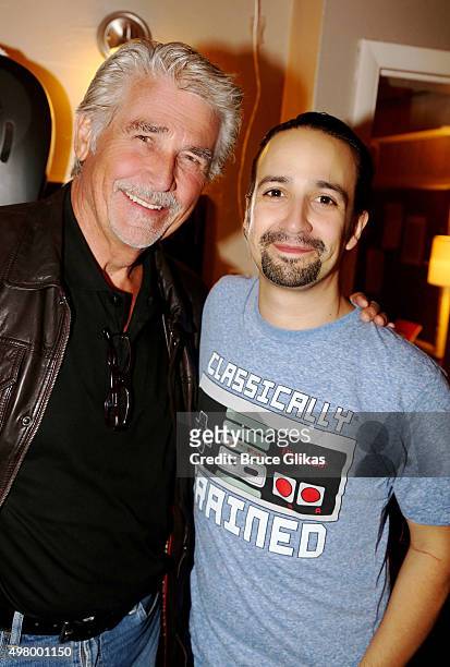 James Brolin and Lin-Manuel Miranda pose backstage at the hit musical "Hamilton" on Broadway at The Richard Rogers Theater on November 19, 2015 in...